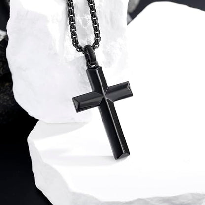 Stainless Steel Cross Necklace for Men with Adjustable Box Chain Christian Cross neckalce Gift - color: Black