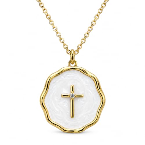 Enamel Cross Necklace for Women 18K Gold Plated Christian Pendant - color: White-Gold