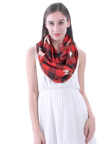 Lina & Lily Holiday Christmas Pattern Print Women's Infinity Scarf Lightweight - color: Red Black, Xmas Reindeer Buffalo Plaid