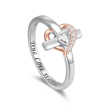 925 Sterling Silver True Love Waits Ring for Women Cross and Heart Promise Ring Christian Purity Faith Jewelry Inspirational Religious Gift for Her