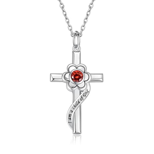 I am a Child of God Necklace - 925 Sterling Silver Birthstone Flower Cross Pendant Religious Jewelry Baptism First Communion Confirmation Gifts for Girls - style: Jan