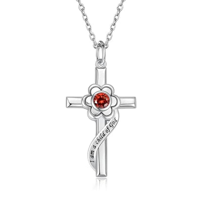 I am a Child of God Necklace - 925 Sterling Silver Birthstone Flower Cross Pendant Religious Jewelry Baptism First Communion Confirmation Gifts for Girls - style: Jan
