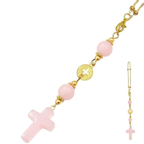 Cross for Car Mirror Hanging, Pink Rose Quartz Cross Car Mirror Hanger, Rearview Mirror Ornament Rosary, Catholic Car Accessories for Women Mom - color: Pink