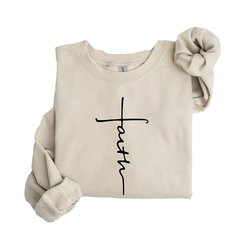 Faith Cross Sweatshirt, Christian Crewneck, Minimalist Religious Pullover, Inspirational Bible Verse Sweater, Cozy Unisex Faith Gift for Women & Me Sand
