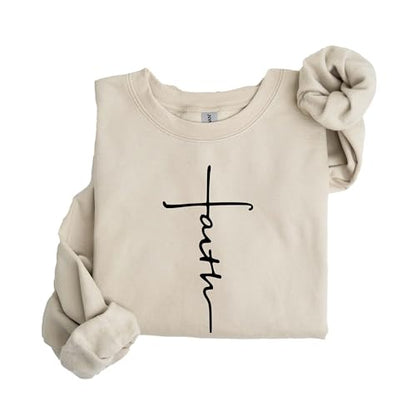 Faith Cross Sweatshirt, Christian Crewneck, Minimalist Religious Pullover, Inspirational Bible Verse Sweater, Cozy Unisex Faith Gift for Women & Me Sand