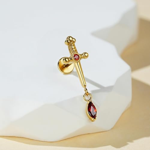 FINE4U 1PC ASTM F136 Titanium Sword Piercing Jewelry for Conch, Tragus, Helix 16G 8mm, Implant Grade Hypoallergenic Flatback Stud - color: Dagger - Gold
