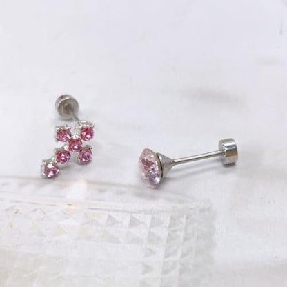 18g Titanium Round Crystal Cross Stud Earrings for Women Silver Plated Stainless Steel CZ Asymmetric Circle Studs Cartilage Tragus Screw Back Post Dainty Birthday Holiday Jewelry - color: Pink CZ