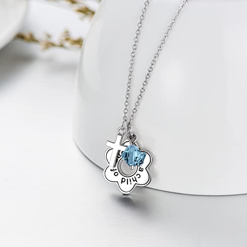 AOBOCO 925 Sterling Silver I Am a Child of God Daisy Necklace Jewelry Birthday Birthday Baptism Communion Gifts for Girls - color: Simulated Aquamarine