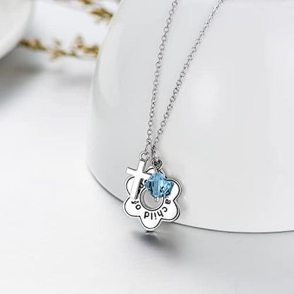 AOBOCO 925 Sterling Silver I Am a Child of God Daisy Necklace Jewelry Birthday Birthday Baptism Communion Gifts for Girls - color: Simulated Aquamarine