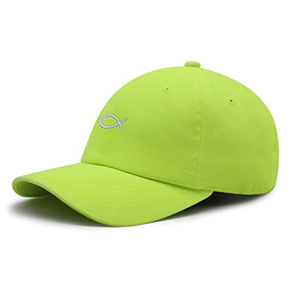 JPAK Jesus Fish Symbol Premium Dad Hat Embroidered Cotton Baseball Cap Symbol of Christianity - color: Neon Yellow
