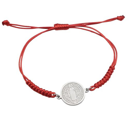 925 Sterling Silver San Benito Bracelet For Women And Men, Catholic Multicolor Bracelet St. Benedict Medal Hand Knitted Knot Coin Beaded Adjustable Religious Prayer Faith - color: Red Silver - San Benito Bracelet