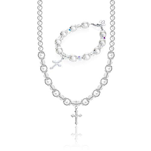 Crystal Dream Christening Sterling Silver Cross Charm Keepsake Luxury Girl Baby Bracelet and Necklace Gift Set with White European Simulated Pearls and Crystals (GSNBBCCR_M+)