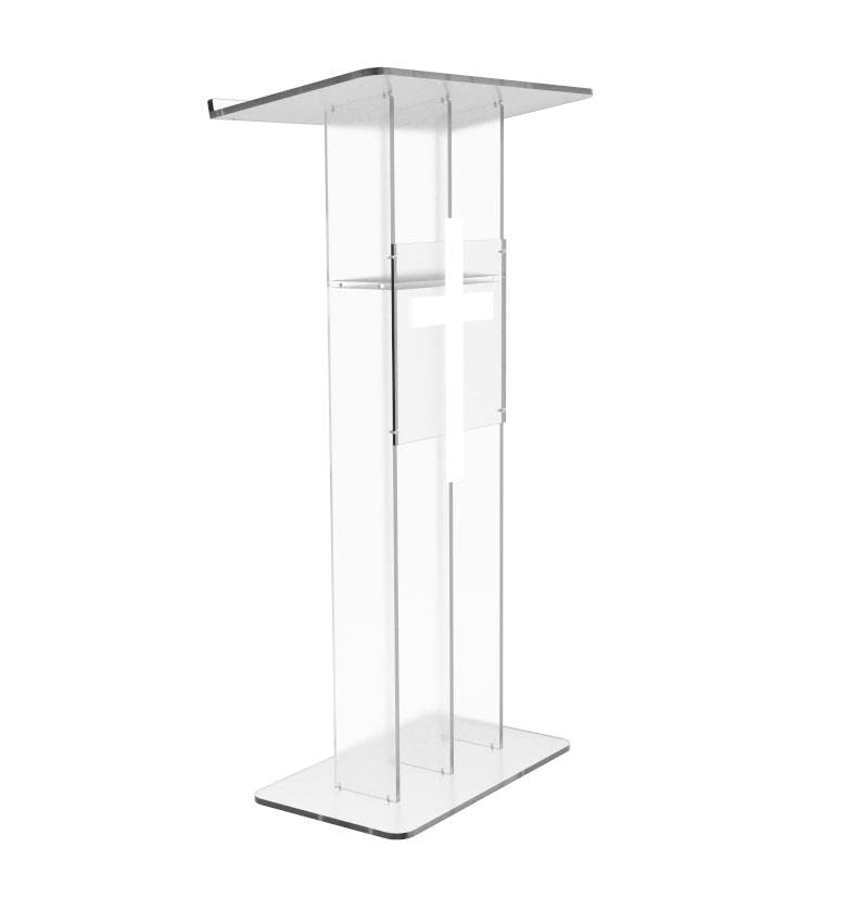 FixtureDisplays® Clear Podium Plexiglass Lecturn Transparent Church Pulpit with Christian Church White Cross Trinity Style Easy Assebmly Required 15411+1803CROSS