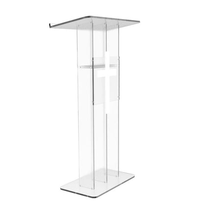 FixtureDisplays® Clear Podium Plexiglass Lecturn Transparent Church Pulpit with Christian Church White Cross Trinity Style Easy Assebmly Required 15411+1803CROSS