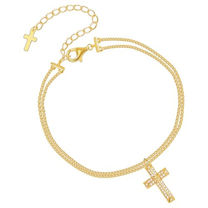 Gold Cross Bracelet for Women, Dainty 18K Gold Plated Double Pendant Jewelry, Sparkling Zirconia Prayer Bracelet, Adjustable Link Chain Lobster Clasp (5.9in + 2.4in) - style: Sparkling Full-Zircon Cross