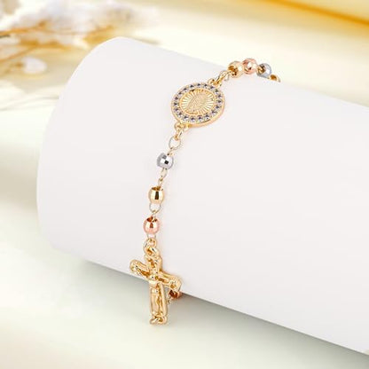 Rosary Cross Bracelet for Women, Gold Virgin Mary Rosary Beads Catholic Bracelet - style: rosary and cross