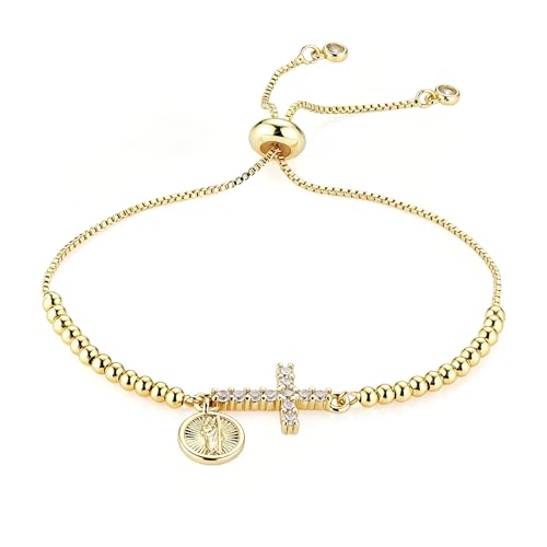 HZMAN 14K Gold Plated Cross Bracelet for Women, Brass Adjustable Bolo Bracelet with CZ, Religious Saint Benedict/Virgin Mary/Jude Pendant Jewelry Gift - color: Saint Jude