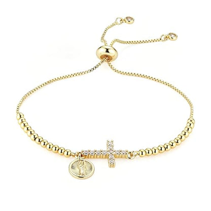 HZMAN 14K Gold Plated Cross Bracelet for Women, Brass Adjustable Bolo Bracelet with CZ, Religious Saint Benedict/Virgin Mary/Jude Pendant Jewelry Gift - color: Saint Jude