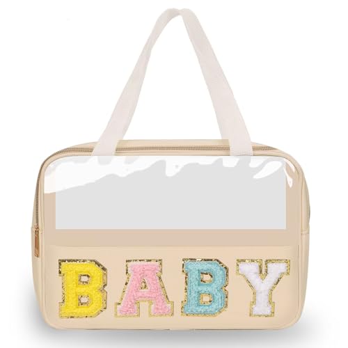 Preppy Clear Baby Makeup Bags with Chenille Letter Patches, Travel Essentials Large Clear Make up Bag Zipper Pouch with Handle, Waterproof Nylon Cosmetic Toiletry Storage Tote for Women (BABY-Beige) - color: BABY-Beige