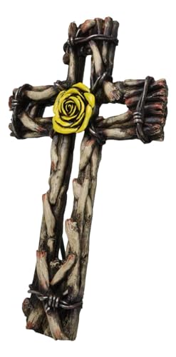 Ebros Gift Rustic Western Yellow Rose with Distressed Faux Wood and Barbed Wires Decorative Wall Cross Plaque Figurine Inspirational Home Accent