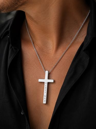 Engraved Cross Necklace for Men, Women & Boys & Girls Cross Necklace, Stainless Steel Cross Pendant Necklace, Faith & Inspiration Christian Jewelry Gift - color: Trust God
