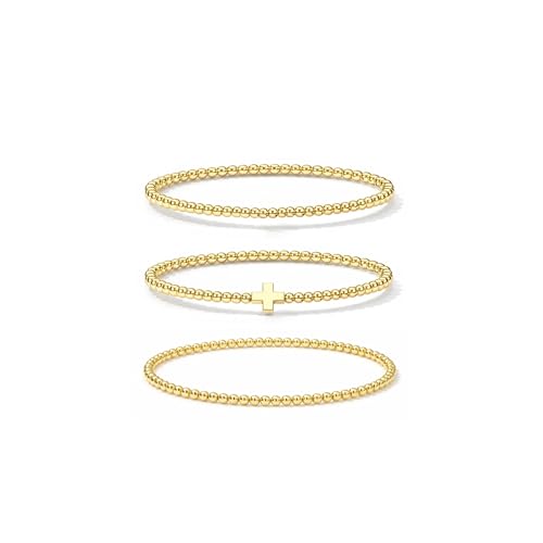 Gold Bracelets for Women Jewelry - Easter Basket Stuffers, Cross/Pearl/Beaded Bracelets Set, Dainty 14K Gold Plated Beaded Bracelets Stack, Birthday Easter Gifts for Women - color: 1Cross+2Bead