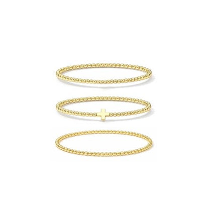 Gold Bracelets for Women Jewelry - Easter Basket Stuffers, Cross/Pearl/Beaded Bracelets Set, Dainty 14K Gold Plated Beaded Bracelets Stack, Birthday Easter Gifts for Women - color: 1Cross+2Bead