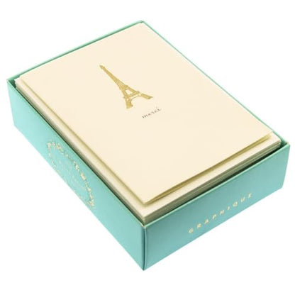 Graphique Eiffel Tower Merci Notecards – 10 Embossed Gold Foil Blank Cards with Envelopes – Boxed Set – 3.25" x 4.75" - color: Eiffel Tower