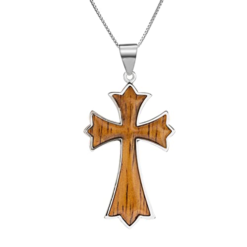 Sterling Silver Koa Wood Inlay Cross Crucifix Necklace Pendant with 18" Box Chain, Nickel Free Hypoallergenic for Sensitive Skin, Gift Box Included - color: Trinity Cross