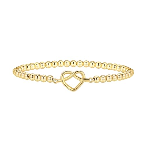 Beaded Bracelets for Women 14K Silver Gold Plated Stretch Handmade Ball Bracelets Cute Charm Bracelet Dainty Stackable Cross Heart Bow Wave CZ Circle Trendy Jewelry Easter Gifts - color: Gold-5