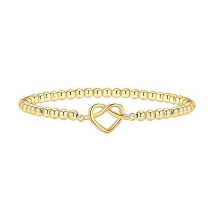 Beaded Bracelets for Women 14K Silver Gold Plated Stretch Handmade Ball Bracelets Cute Charm Bracelet Dainty Stackable Cross Heart Bow Wave CZ Circle Trendy Jewelry Easter Gifts - color: Gold-5