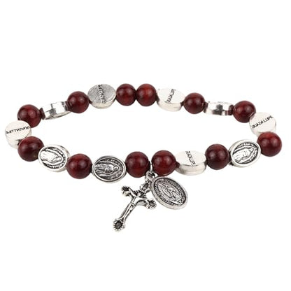 Needzo Our Lady of Guadalupe Rosary Bracelet, Red Wood Beads with Metal Crucifix, Catholic Jewelry, 7.5 Inches