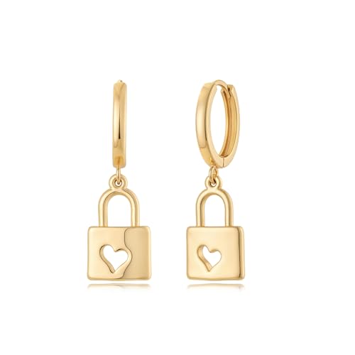 MYEARS Women Earrings Gold Huggie Hoop Dangle Drop 14K Gold Plated Small Simple Hypoallergenic Everyday Jewelry - style: Heart in Padlock