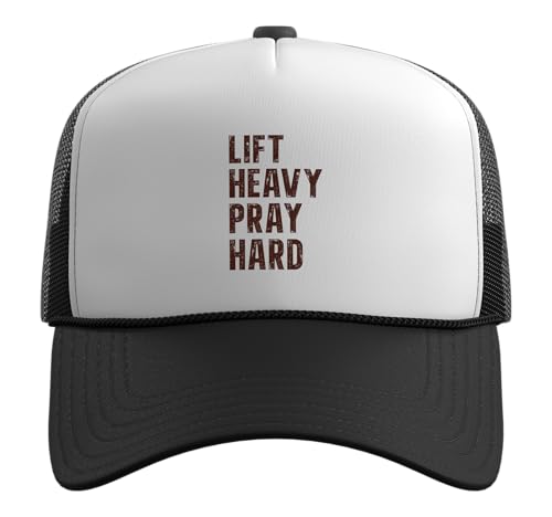Lift Heavy Pray Hard Christian Faith Fitness Grunge Gym Trucker Hat with Adjustable Mesh Back - color: Black/White
