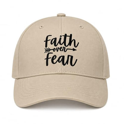 Faith Over Fear Christian Hats, Embroidered Baseball Caps for Adults - color: Tan Black