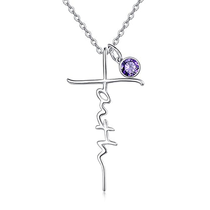 PRAYMOS Faith Cross Necklace for Women 925 Sterling Silver Pendant Necklace With Birthstone Initial Christian Religious Confirmation Baptism Mothers Day Gifts - color: 2-Silver February(Amethyst)