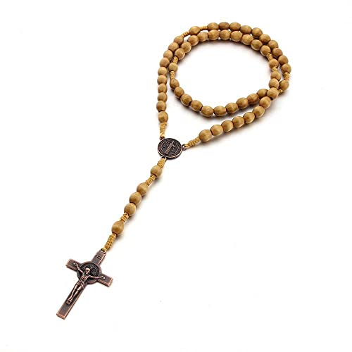 tenghong2021 Wooden Christian Catholic Rosaries Necklace Prayer Beads Holy Cross Catholic Wood for Men Women Pastor - color: Light Brown