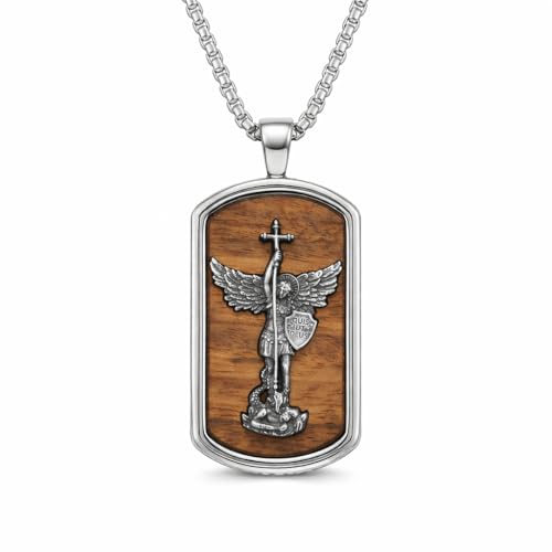 ONEFINITY Wooden Necklace Viking Wolf/St Benedict Medals/St Michael/Crucifix/St Christopher Pendant Necklace for Men Archangel Amulet Wooden Religious Jewelry Gifts for Men Women - style: St Michael-Square