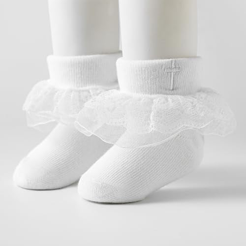 Baptism Socks for Baby Girls - White Newborn Christening Socks With Cross & Eyelet Frilly Lace - color: A-white
