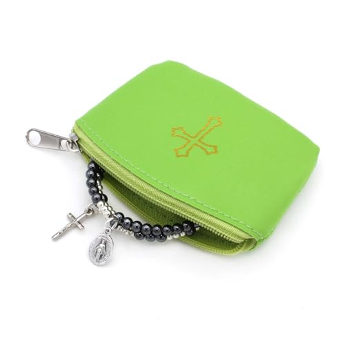 Green Rosary Pouch with Zipper & Gold St. Thomas Cross Imprint | Compact Leatherette Rosary Case for Small to Medium Rosaries | Protective Travel Rosary Holder for Men & Women - color: Green