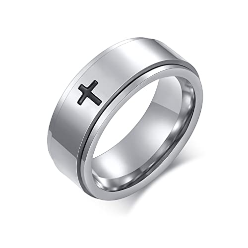 6mm/8mm Titanium Steel Black/Silver/Gold Fidget Ring Engraved Small Cross Stainless Steel Spinner Rings Stress Relieving Anxiety Ring Engagement Wedding Promise Band for Women Men Size 5-15 - color: 8mm Silver