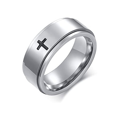 6mm/8mm Titanium Steel Black/Silver/Gold Fidget Ring Engraved Small Cross Stainless Steel Spinner Rings Stress Relieving Anxiety Ring Engagement Wedding Promise Band for Women Men Size 5-15 - color: 8mm Silver