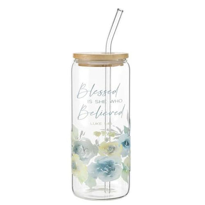 Faithworks Glass Water Tumbler - Christian Drinking Glass with Bamboo Lid and Straw, 24-Ounce, Blessed - color: Blessed