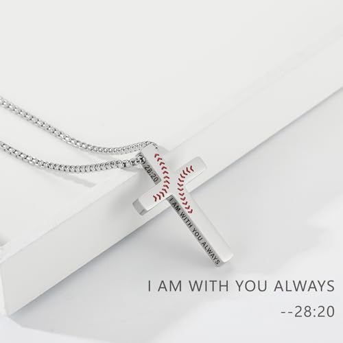 Baseball Bible Verse Cross Necklace for Boys Men, Stainless Steel Cross Pendant Baseball Game Day Christian Religious Jewelry Gifts for Teen Boys Kids - color: Silver, style: MATTHEW 28:20
