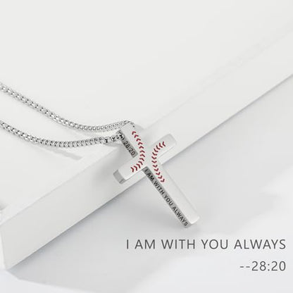 Baseball Bible Verse Cross Necklace for Boys Men, Stainless Steel Cross Pendant Baseball Game Day Christian Religious Jewelry Gifts for Teen Boys Kids - color: Silver, style: MATTHEW 28:20