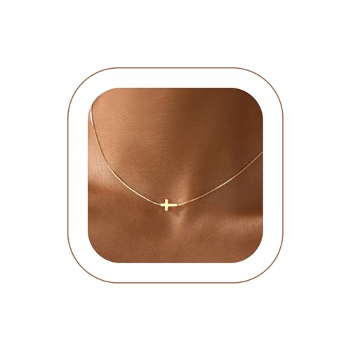 Rotnso Cross Necklace for Women 14K Gold Plated Dainty Small Pendant Choker - style: Thin Box Chain Sideways Cross-GD