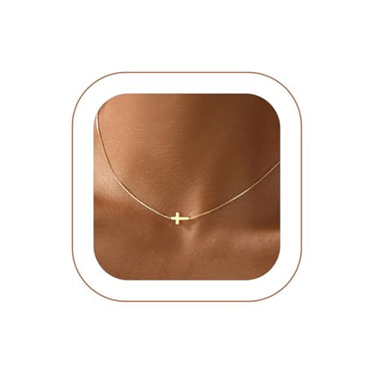Rotnso Cross Necklace for Women 14K Gold Plated Dainty Small Pendant Choker - style: Thin Box Chain Sideways Cross-GD