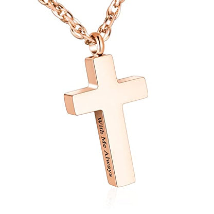Cremation Cross Necklace for Ashes Stainless Steel Cross Urn Pendant Ashes Holder Memorial Jewelry-With Me Always - style: With me always-Rose Gold