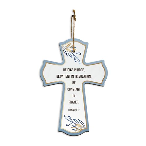 Rejoice in hope, be patient in tribulation, be constant in prayer. Romans 12:12 11.5" x 8" Cross Hanging Sign | Rustic Twine | Inspiring Religious Bible Decor