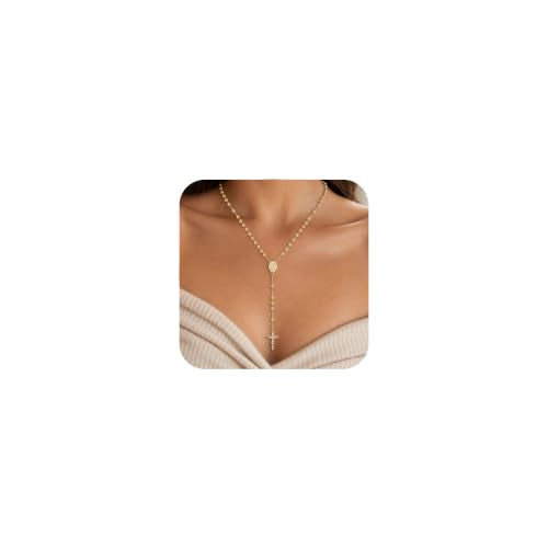 Women's Gold Catolicos Rosary Necklace - 14k Gold Plated Virgin Mary Rosary Bead Cross Necklaces, Non Tarnish Gold Catholic Y Chain Necklaces, Religious Rosary Bead Crucifix Necklace Jewelry for Women - color: Gold-Style1
